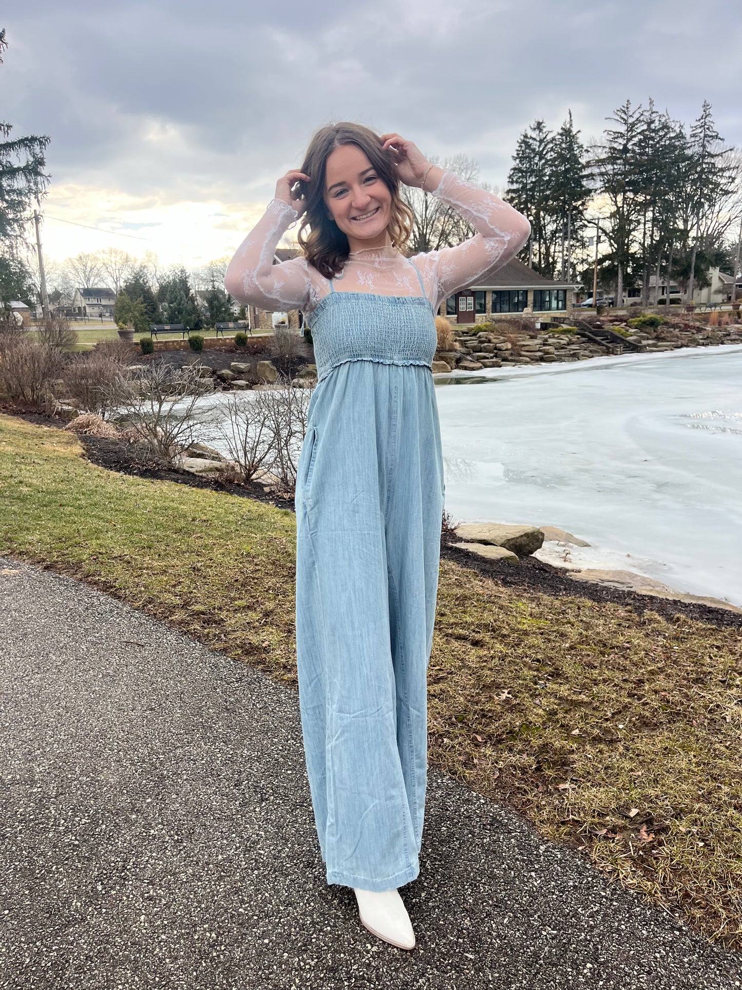 Light Wash Smocked Jumpsuit