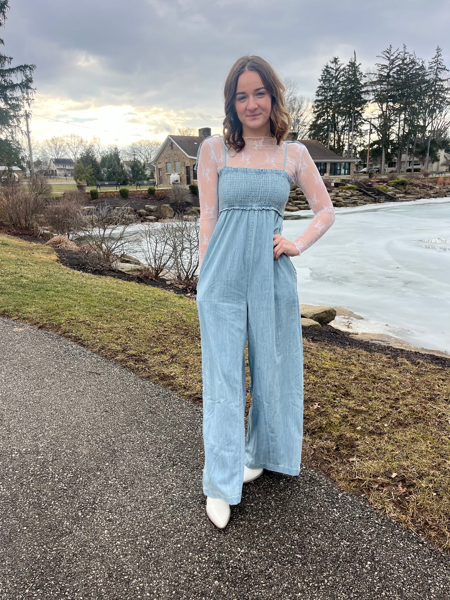 Light Wash Smocked Jumpsuit