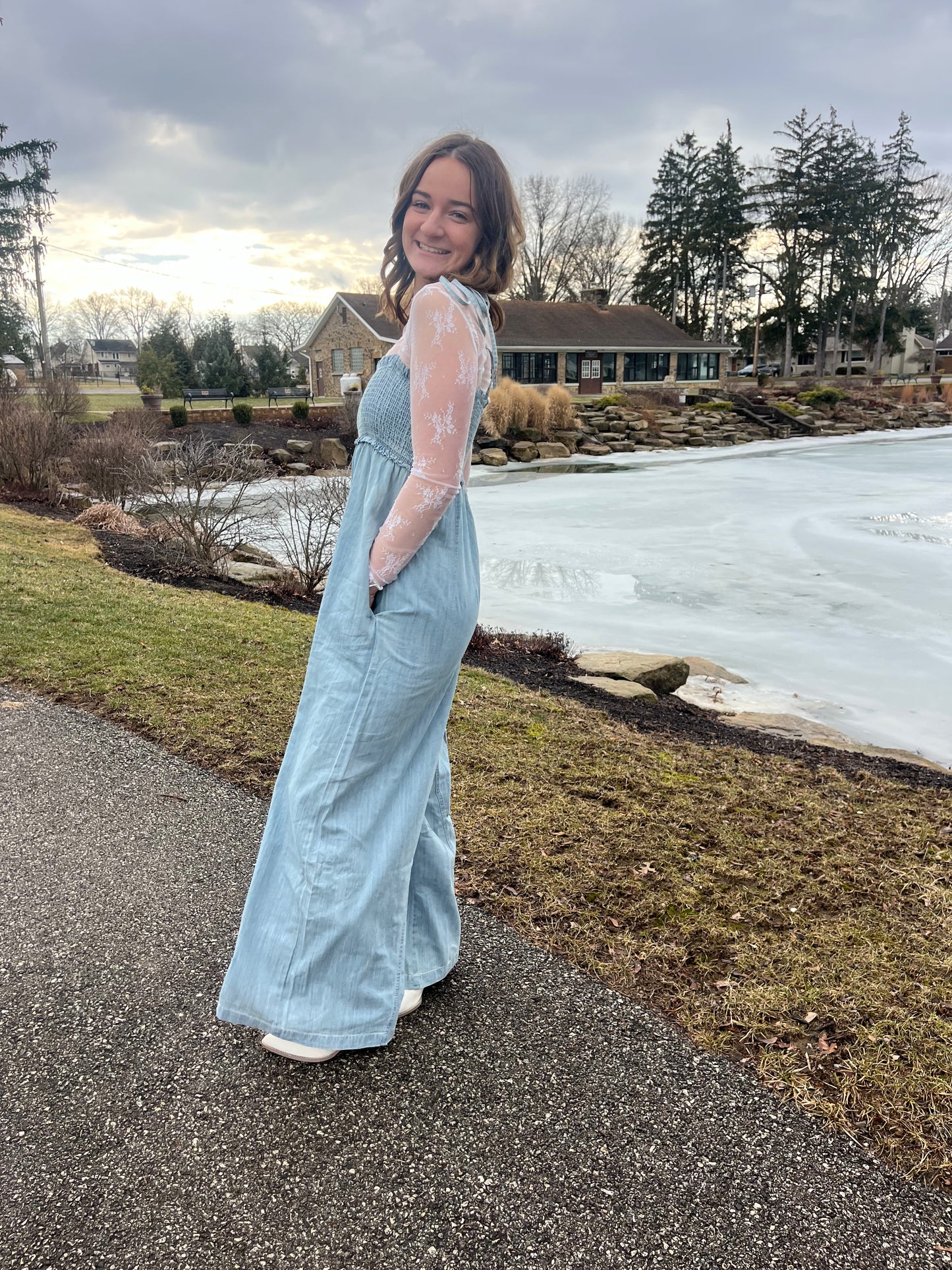 Light Wash Smocked Jumpsuit